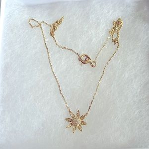 Solid 18k 18kt yellow gold diamond sunburst flower pendant necklace
